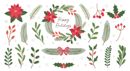 Winter Christmas hand drawn plants set. Christmas botanical elements. Holiday Xmas decor, wreath, garland, branches, flowers, berries, leaves.
