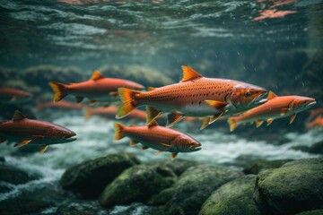 Underwater world, floating red trout fish in the water, close up. Ecosystem, ocean, nature, flora...