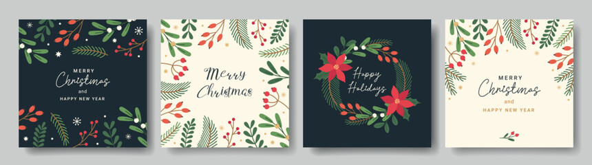 Merry Christmas template for corporate greeting cards. Floral frame and background with berries, leaves, pine branches, mistletoe. Vector illustration for poster, cover, banner, social media post. - obrazy, fototapety, plakaty