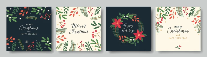 Fotobehang Merry Christmas template for corporate greeting cards. Floral frame and background with berries, leaves, pine branches, mistletoe. Vector illustration for poster, cover, banner, social media post. © Anna Bova