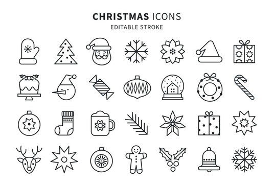 Set of Christmas outline icons. Holiday symbol. Xmas line icons collection. Editable stroke. Vector illustration.