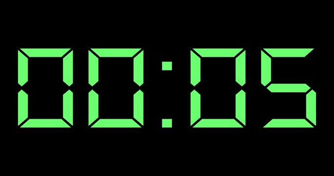 Digital Green Count Up Clock Timer in 0 to 1 minute Green text number on isolated black background. Element for overlay concept Countup. 