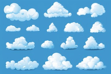 Set of clouds in an illustration on a blue background. White cloud collection, white cloud illustration - obrazy, fototapety, plakaty