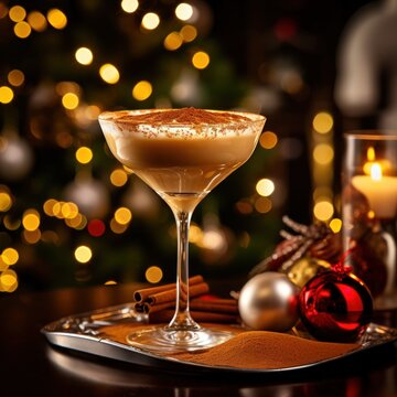Create a captivating image of craft cocktail mixology against a festive Christmas bokeh background