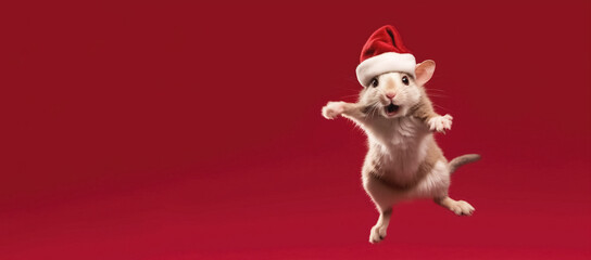 mouse in a santa hat on red background, panoramic layout, Merry Christmas concept. Generative Ai