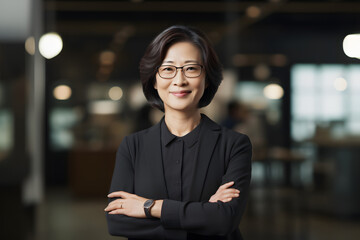 Senior Asian female manager smiling with arms crossed, dark office outfit, & eyeglasses, standing against a blurred brown interior background