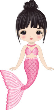 Vector Beautiful Asian Mermaid with Pink Fishtail