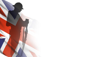 Silhouette of the soldier on Great Britain flag background. Isolated on white background. Remembrance day. 3d illustration