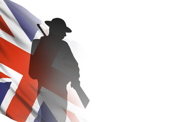 Silhouette of the soldier on Great Britain flag background. Isolated on white background. Remembrance day. 3d illustration - obrazy, fototapety, plakaty