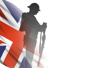 Silhouette of the soldier on Great Britain flag background. Isolated on white background. Remembrance day. 3d illustration