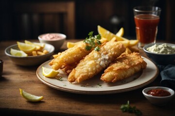 fish and chips on plate with sauce 