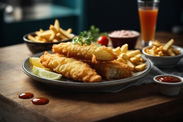 fish and chips on plate with sauce 