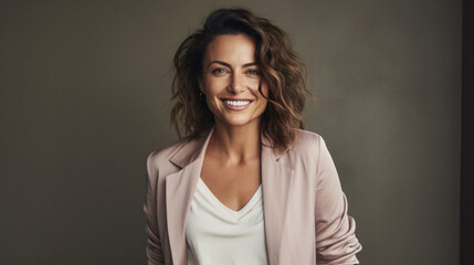 Portrait of a beautiful young woman with curly hair in a white shirt.