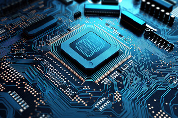 closeup on an advanced microchip or cpu of a powerful computer board with artificial intelligence technical details elements as wide banner design with copy space area