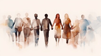 Illustration of diverse group of people holding hands. Unity, community, and mutual support. The essence of teamwork, cooperation, and the concept of helping each other in a multicultural society. - obrazy, fototapety, plakaty