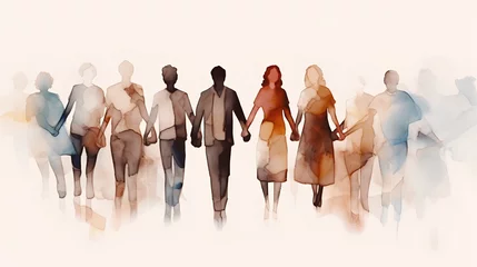 Fotobehang Illustration of diverse group of people holding hands. Unity, community, and mutual support. The essence of teamwork, cooperation, and the concept of helping each other in a multicultural society. © TensorSpark