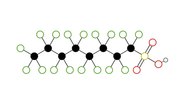 perfluorooctanesulfonic acid molecule, structural chemical formula, ball-and-stick model, isolated image pfos