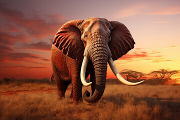 Fototapeta na wymiar The close up photo of the majestic African elephant under the sunset sky at the Savannah field. Generative AI.