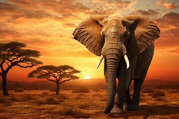 Fototapeta na wymiar The close up photo of the majestic African elephant under the sunset sky at the Savannah field. Generative AI.