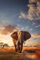 Foto op Aluminium The close up photo of the majestic African elephant under the sunset sky at the Savannah field. Generative AI. © Surachetsh