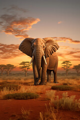 The close up photo of the majestic African elephant under the sunset sky at the Savannah field. Generative AI.