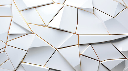 White abstract background with polygon shape and golden line, low poly pattern, 3D illustration.