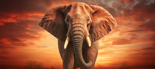 The close up photo of the majestic African elephant under the sunset sky at the Savannah field....