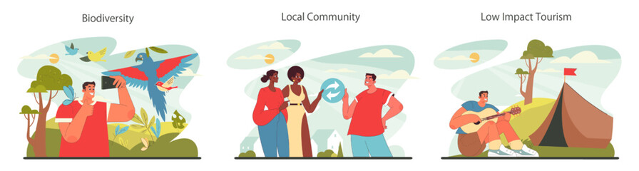 Sustainable tourism set. Ecotourism, eco-friendly recreation. Responsible, low-impact and green travel in local community. Flat vector illustration