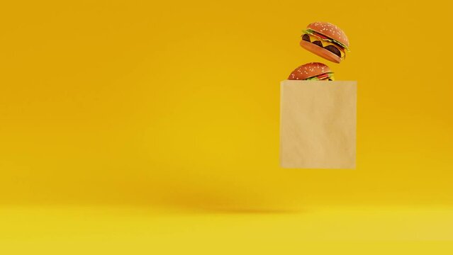 Food delivery. Classic burgers jumping from paper package. 3D animation
