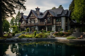Fototapeta na wymiar Beautiful lakefront mansion. Generative AI