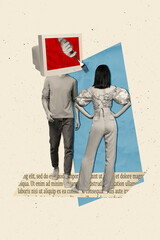 Image collage poster of two weird people absorbing fake news watching tv newscast isolated on...
