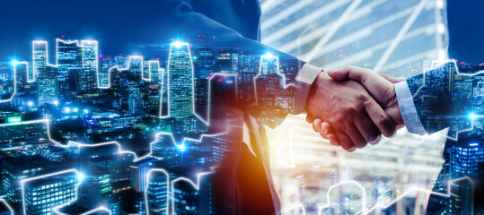 Deal. double exposure image of investor businessman handshake with customer partner and abstract...