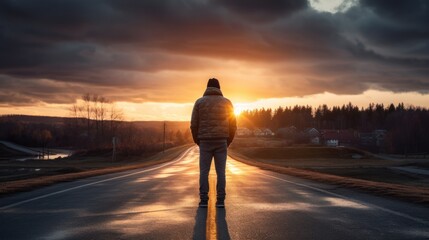 Goal success concept, behind a man standing on the road and looking ahead, road during sunset - obrazy, fototapety, plakaty
