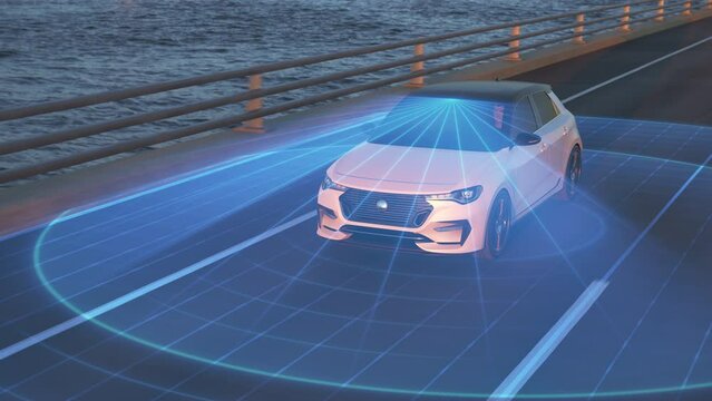 autonomous self-driving generic electric car driving along bridge or coastal highway into the sunset. Graphic animation of sensors scanning the road. Future transportation technology concept. Frontal
