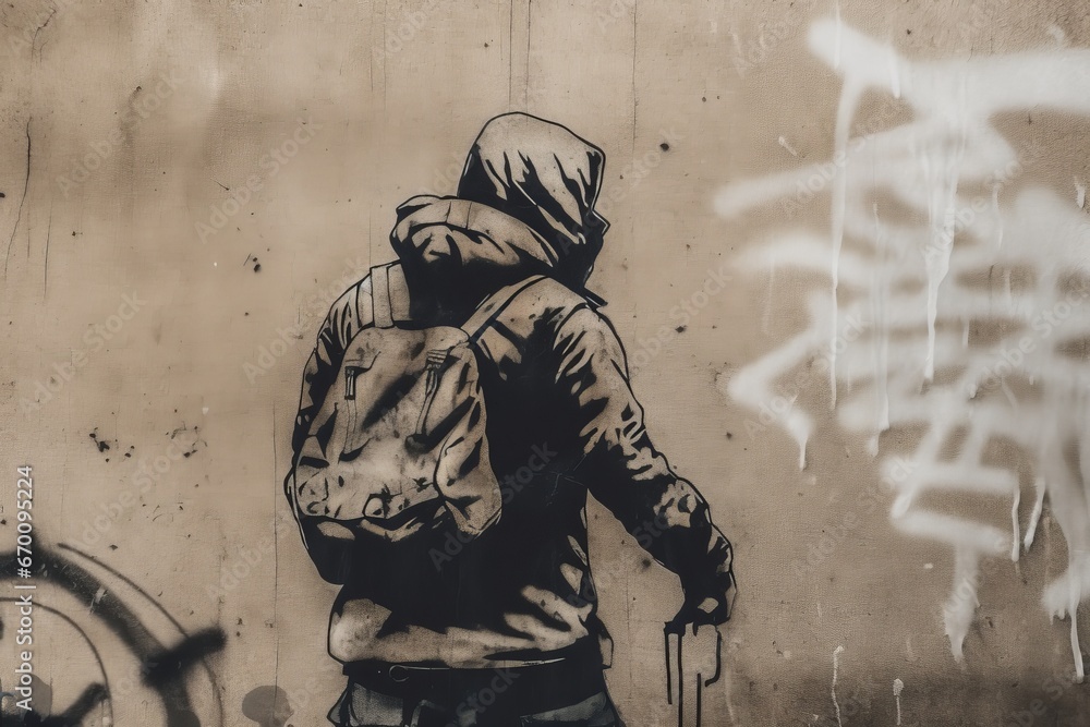 Wall mural Painting of a man in a hoodie is standing in front of a graffiti wall. Generative AI. - Wall murals