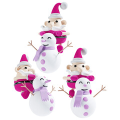 cute santa claus with christmas snowman in three angel 3d illustration in pink theme