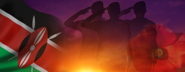 Silhouette of the soldier on Kenya flag background. Remembrance day. 3d illustration