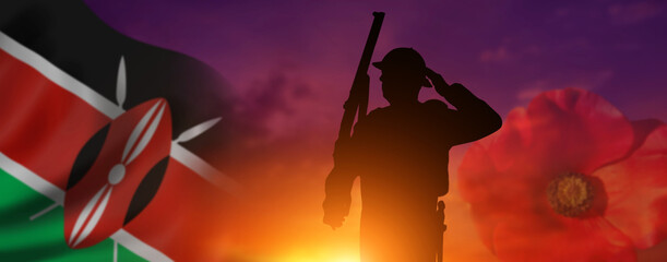 Silhouette of the soldier on Kenya flag background. Remembrance day. 3d illustration