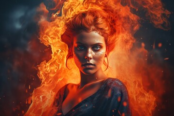 An image of a woman with a fire background, in the style of realistic hyper-detailed portraits. Generative AI.