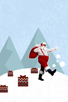 Vertical collage image of excited grandfather santa carry christmas presents sack walk snowy forest isolated on drawing background