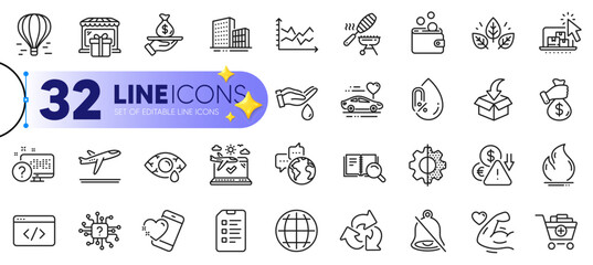 Outline set of Fish grill, Online storage and Mute line icons for web with World communication, Search book, Conjunctivitis eye thin icon. Wallet money, Organic tested. Vector