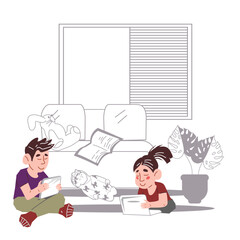Alpha Generation kids using digital devices for playing, studying, and watching cartoons, flat vector illustration isolated on a white. Gadgets addiction and digital natives concept.