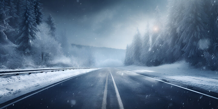 Winter forest highway road snowfall foggy evening, landscape with a snowfall on nature blurry background © Haleema