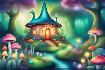 Fototapeta na wymiar Illustration of a fairy tale house in the forest. Generative AI