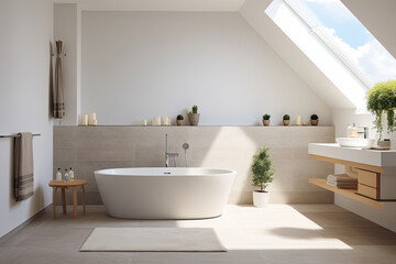 Fototapeta na wymiar Modern style of marble bathroom interior decorate with bathtub, mirror and sink, minimal decor concept.