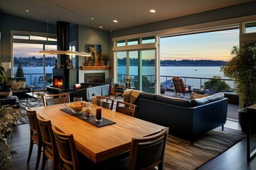 Contemporary living and dining room in Tacoma, WA, USA. Generative AI