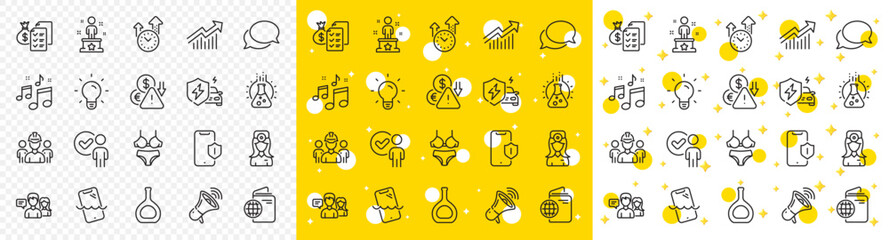 Fototapeta premium Outline Deflation, Messenger and Car charging line icons pack for web with Accounting wealth, Smartphone waterproof, Chemistry lab line icon. Smartphone protection, Cognac bottle. Vector