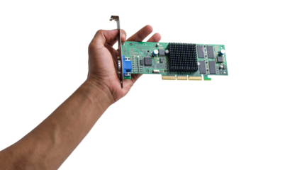 Hand-holding computer graphics card mouse isolated transparent background