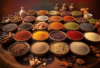 Many different spices and seeds in bowls. Generative AI.