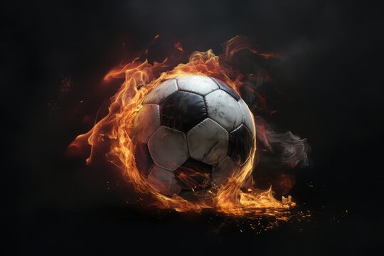 The image of a soccer ball in flames. Generative AI.